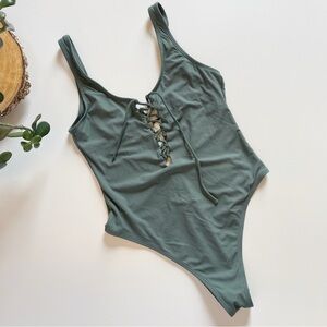 Target Sage Green Lace Up Low Back Cheeky One Piece Swimsuit | Medium